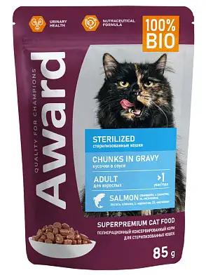 Award Sterilized влажный корм для взрослых стерилизованных кошек кусочки в соусе с лососем (пауч)
